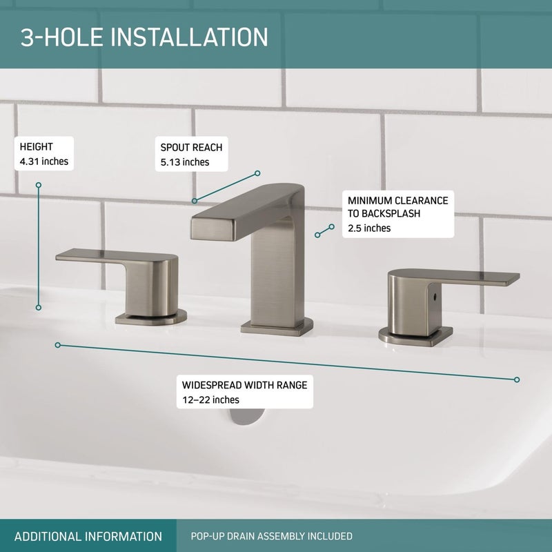 Peerless Xander Widespread Bathroom Faucet Brushed Nickel, Bathroom Faucet 3 Hole, Bathroom Sink Faucet, Drain Assembly, Brushed Nickel P3519LF-BN - Image 2